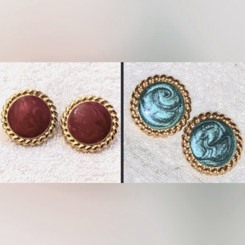 ♥️Vintage Italy Retro Stud Fashion Earrings 1" Fuschia & Emerald Marble, 2 Pair